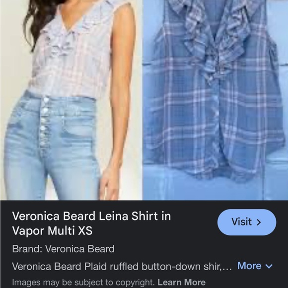 Veronica Beard Plaid Ruffle Blouse‎ Size Large V-Neck Blue Linen Cowgirl Western - Picture 15 of 15